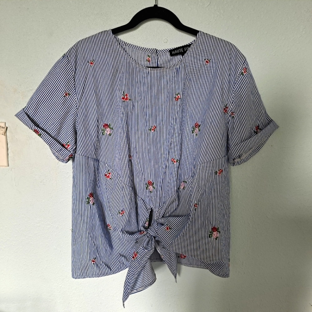 Haute Fox Striped Embroidered Front Tie Blouse